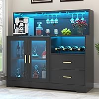 AuromieDirect LED Bar Cabinet with Wine Rack, Glass Holders, Drawers & Microwave Stand - Modern Home Liquor Cabinet for Kitchen/Living Room (Black)