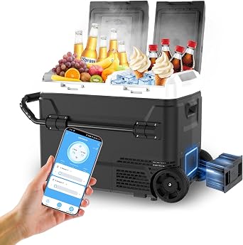 Electric Cooler with Battery 12V 52 Quart50L Car Refrigerator Dual Zone Dual Door Freezer Fridge with Wheels 12/24V DC & 100-240V AC Portable Fridge for Camping Truck Boat RV Camper SUV Travel