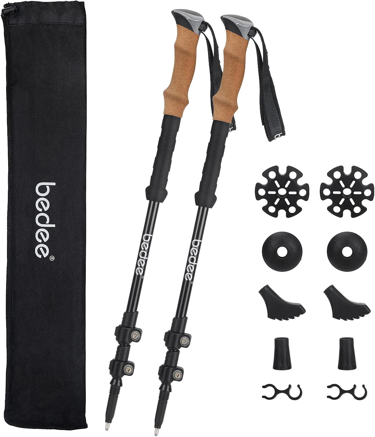 bedee Bâtons de Randonnée, Bâtons de Marche Nordique Pliables Légers Aluminium avec Poignées en Liège, Serrures Rapides, Tout Terrain Accessoires et Sac de Transport pour Femmes, Hommes, Seniors