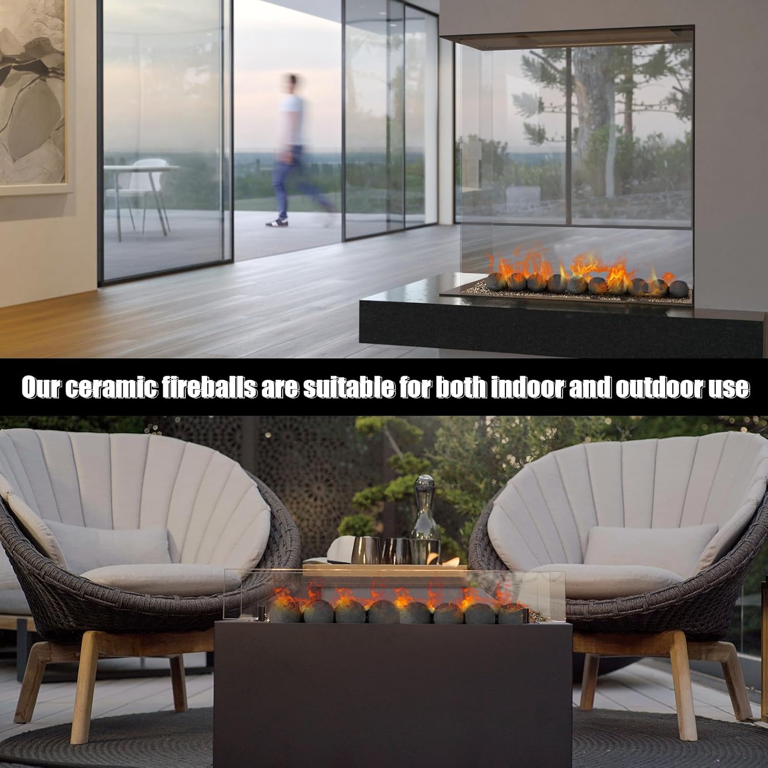 Zhenx Ceramic Fire Balls, 5 Inch, Set of 6 Round Fire Stones, for Indoor and Outdoor Fire Pits, Fire Bowls and Fireplaces, Black