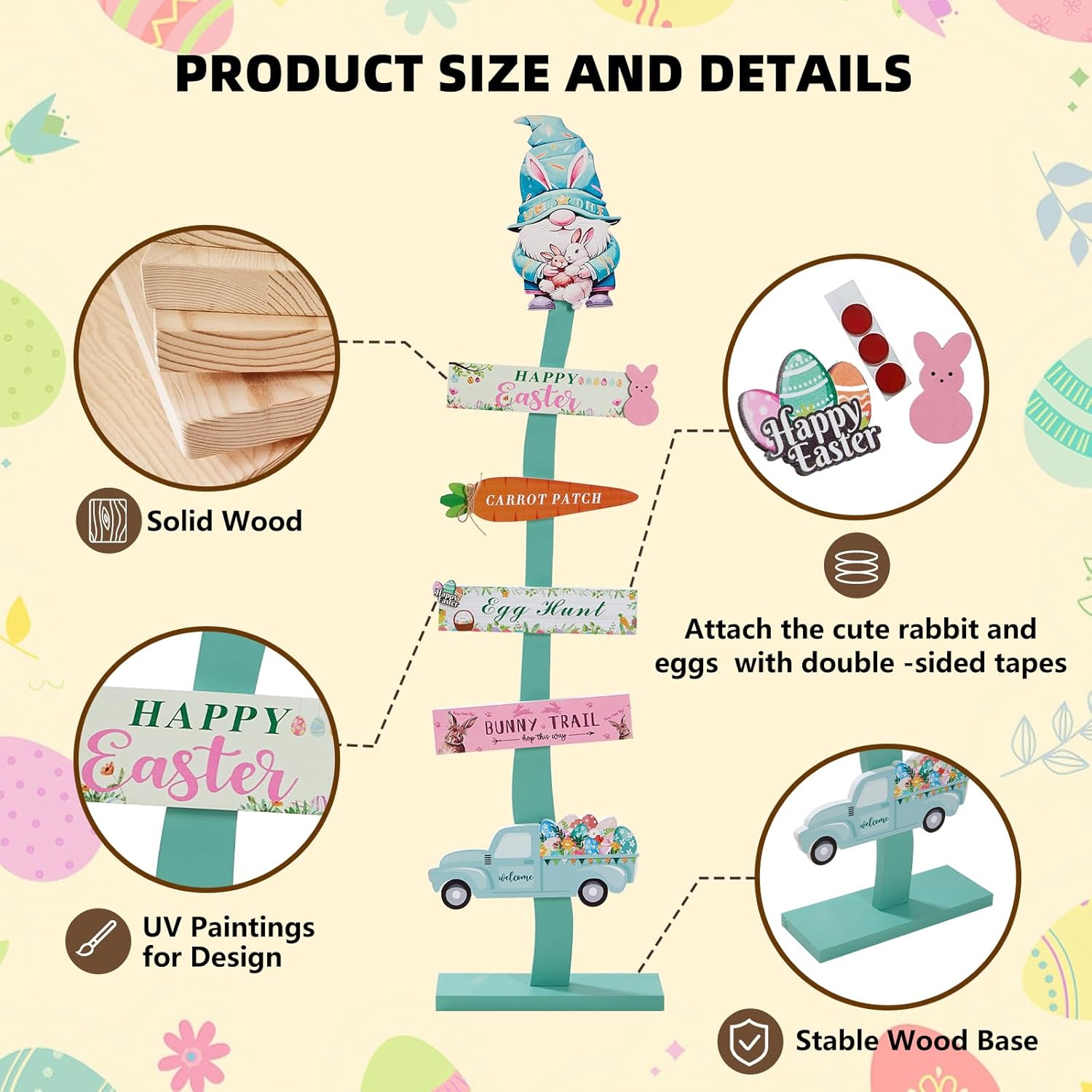 45.6" Happy Easter Welcome Porch Sign| Spring Easter Bunny Rabbit Carrot Standing Wood Signs For Front Door Outdoor Indoor Yard Decor - Image 2