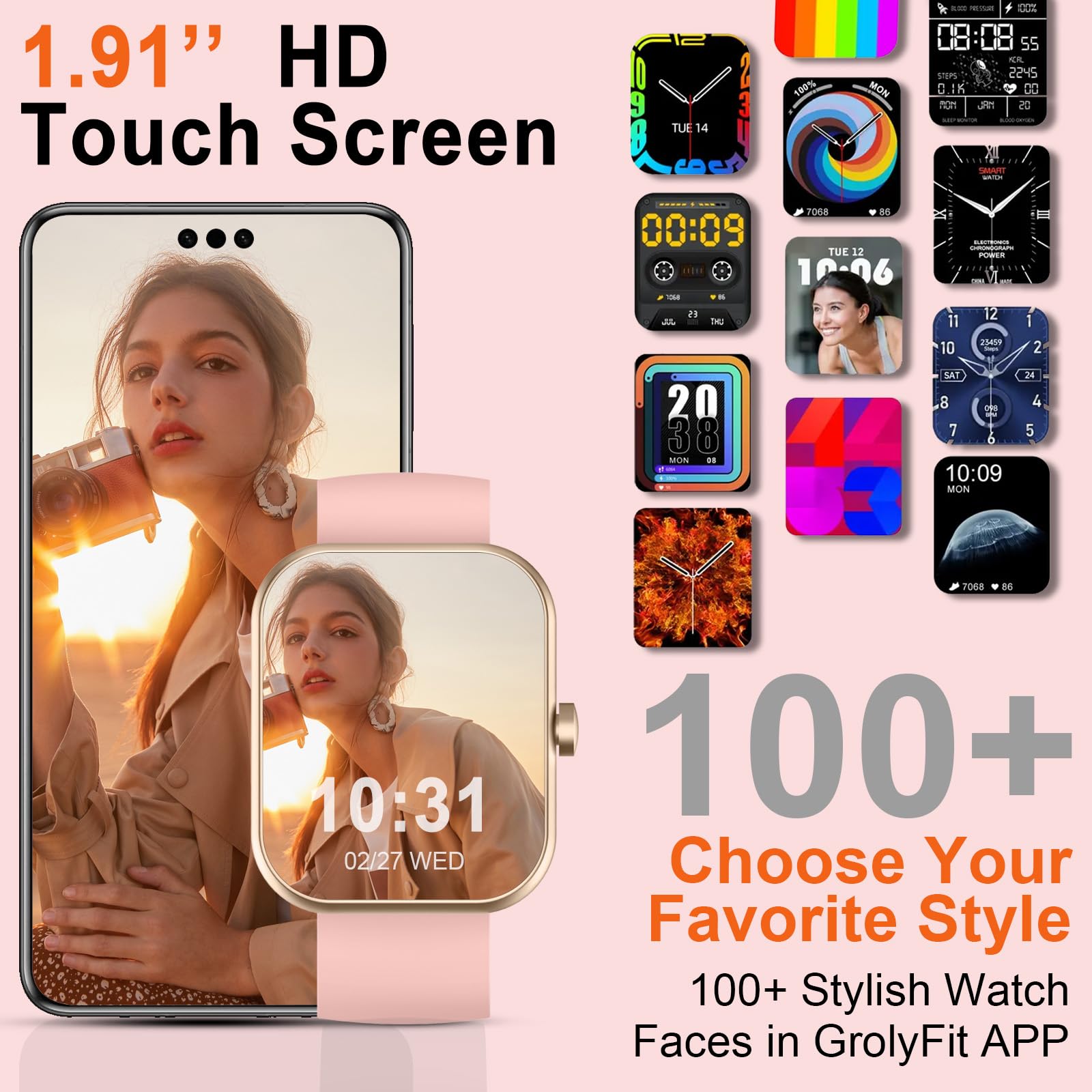 Matast Reloj Inteligente con Pulso, SmartWatch para Mujer, 1.96" Smart Watch con Llamadas Bluetooth y Whatsapp Notificación, Pulsera Actividad con 100+ Modos Deportivos, Podómetro, para Android iOS