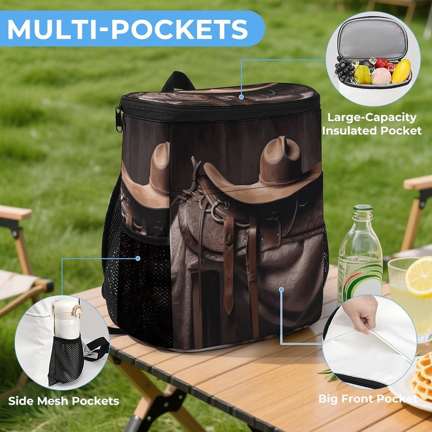 Horse Saddle with A Cowboy Hat Wild Cooler Backpack Fashion Large Capacity Lunch Backpacks Lightweight Insulated Backpacks Travel Cooler Bag Cooler Pack Ice Backpack Keep Fresh Backpack Coolers