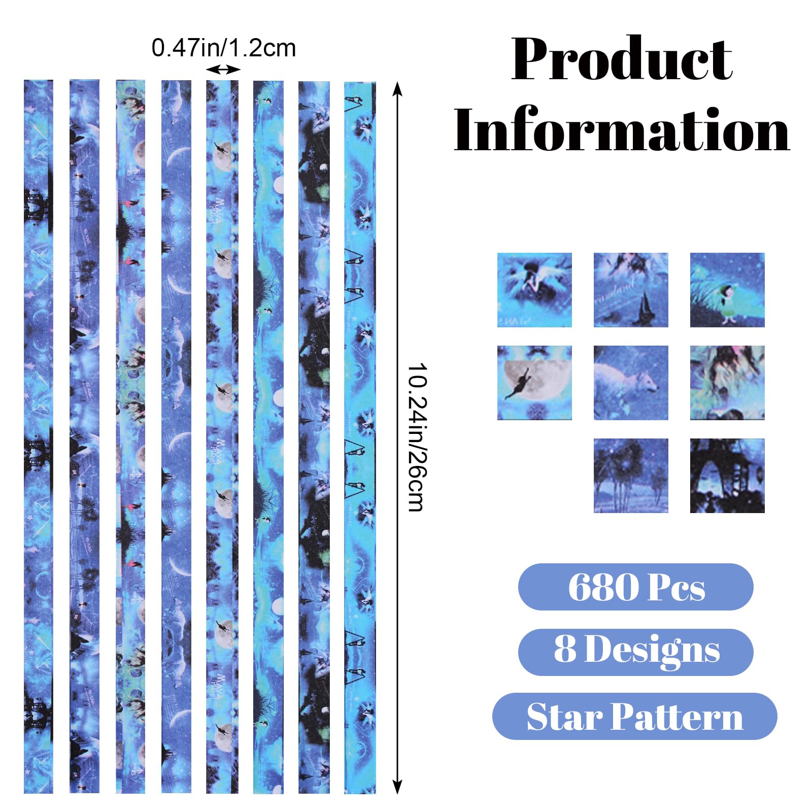 URROMA 680Pcs Starry Sky Origami Star Paper Strips, 8 Styles Colorful Print Lucky Star Paper Strips for DIY Handcrafts School Teaching - Image 2