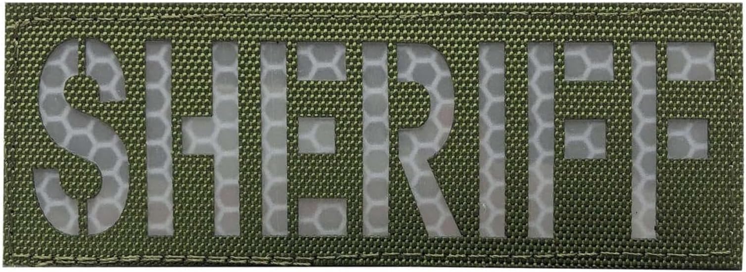 Sheriff Patch Reflective Laser Cut 4x1.4 inch for Vest Bags Backpacks Jackets with Hook and Loop (RL OD Green and White, S 4"x1.4")