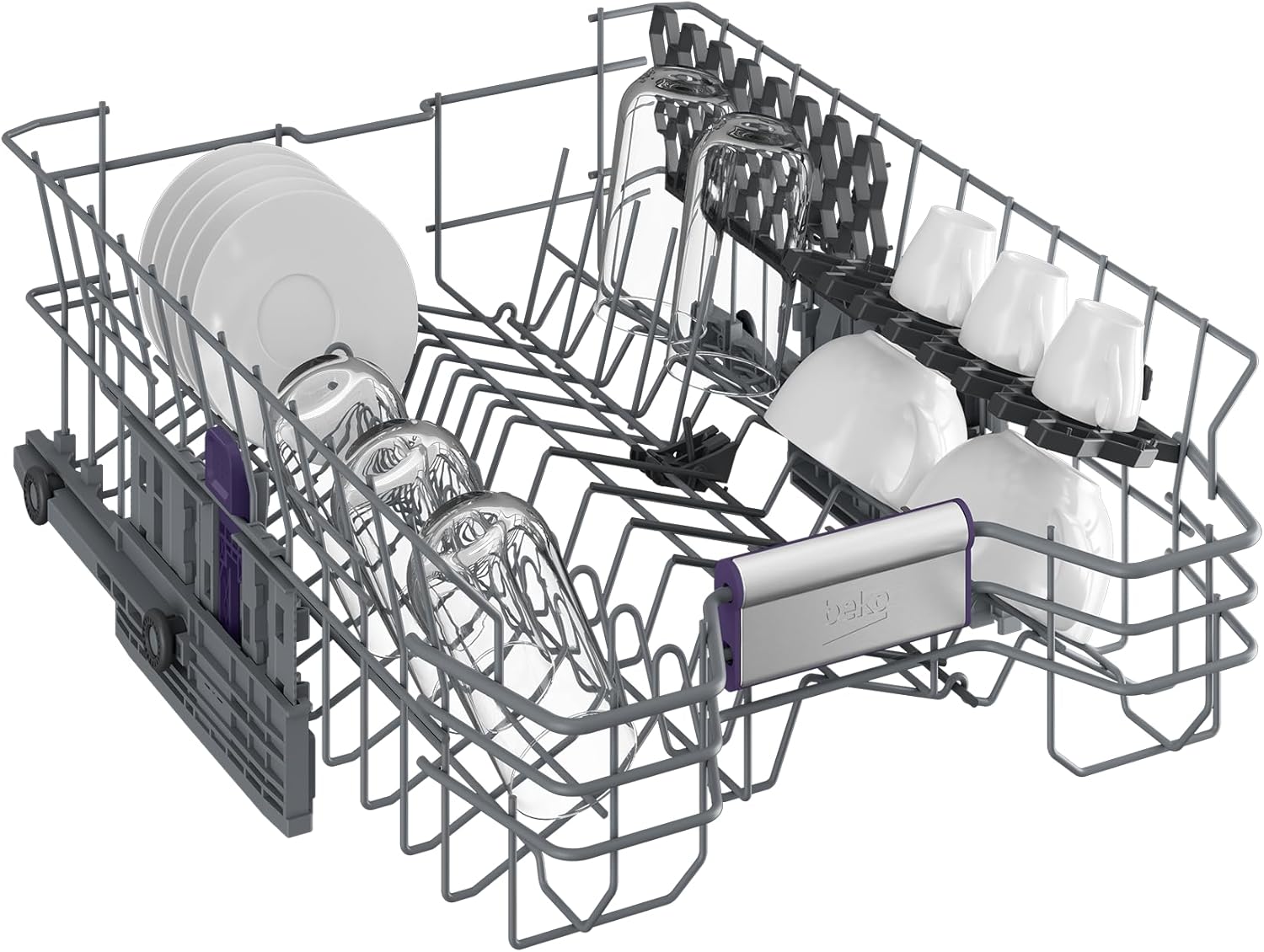 Close-up view of the dishwasher's interior floor, showing the removable filter assembly and the lower spray arm.