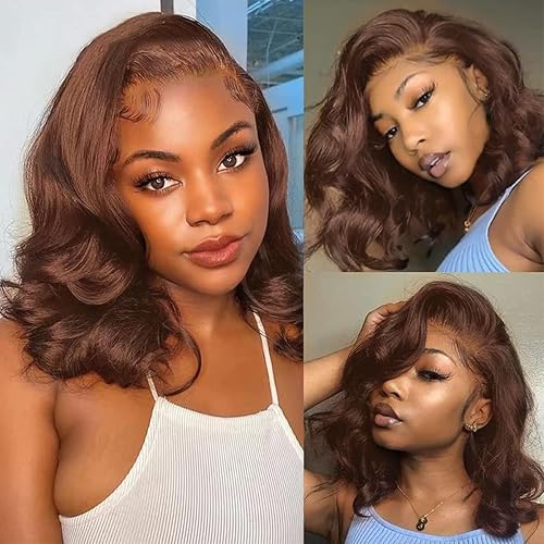 Chocolate Brown Lace Front Wig 200 Density 13x6 HD Body Wave Lace Front Wigs Human Hair Pre Plucked Colored Frontal Glueless Brown Human Hair Wig for Women 12Inch