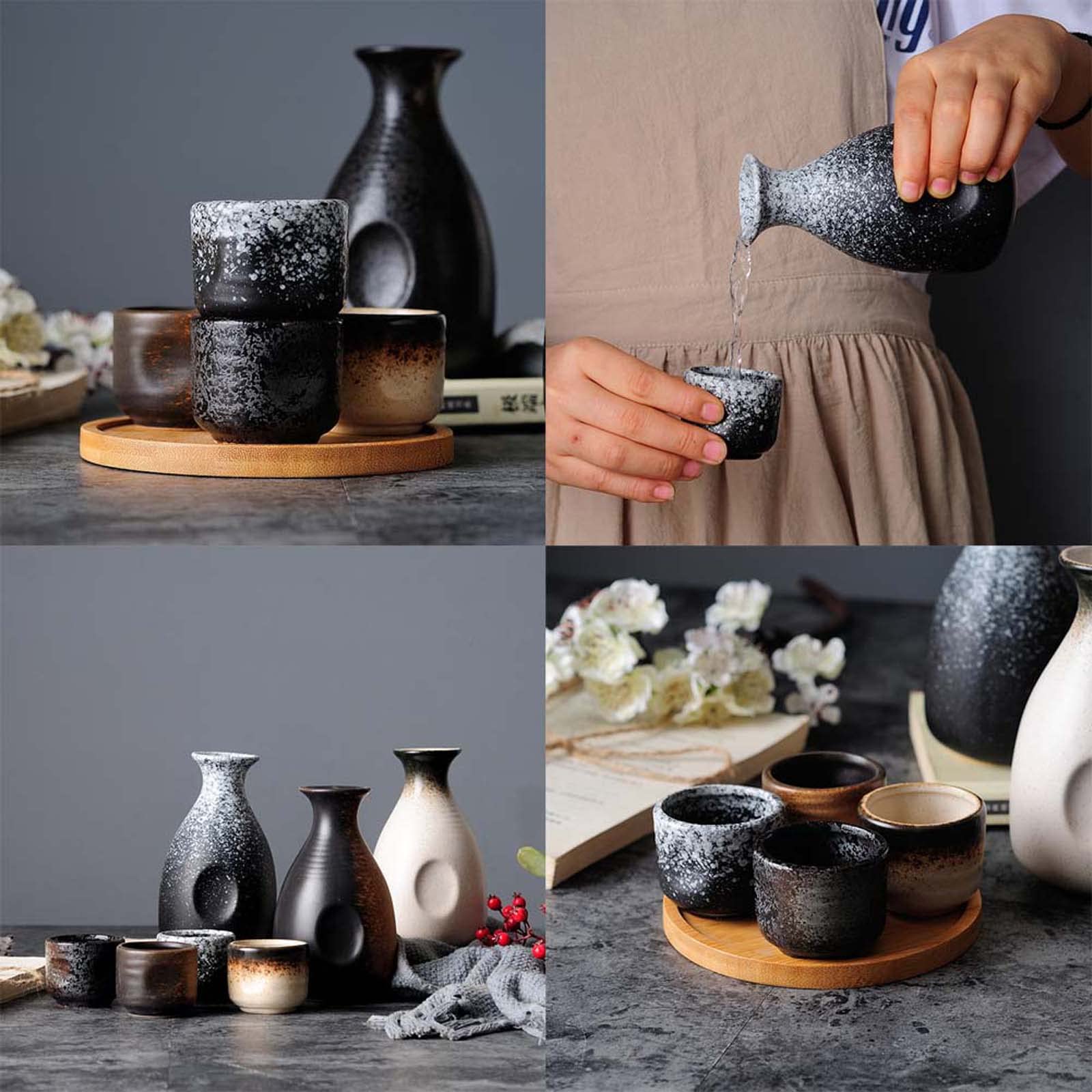 ZEALMAX Juego de vino de sake de estilo japonés, juego de copas de vino y té retro de cerámica clásica para beber solo y fiestas, A