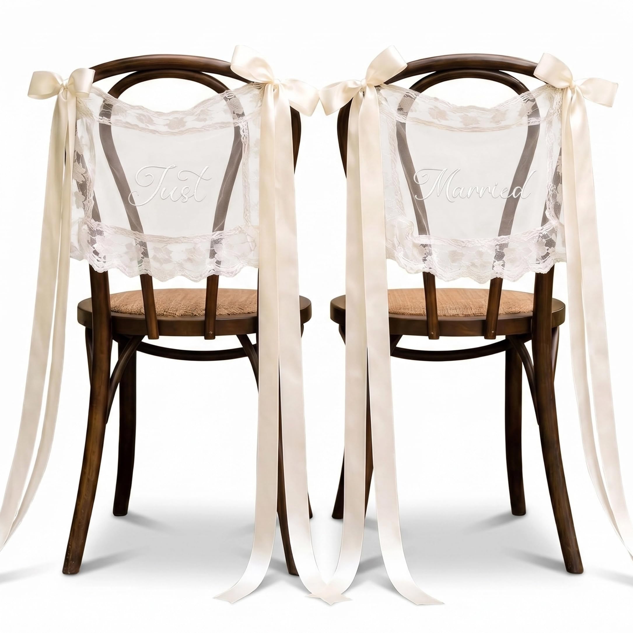 Xdyyjrasa Wedding Chair Decorations Set of 2 – Lace Sheer Pew Decor Signs with Just & Married Text, Bride & Groom