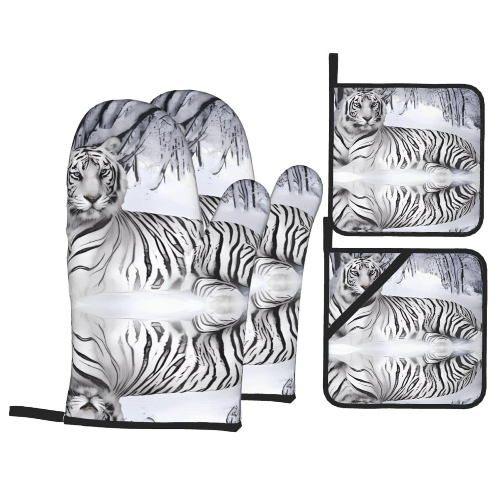 WHJSSF White tiger Prints 4-Piece Waterproof Oven Throws & Heat Resistant Pot Covers – Durable Kitchen Layers for Grilling & Baking