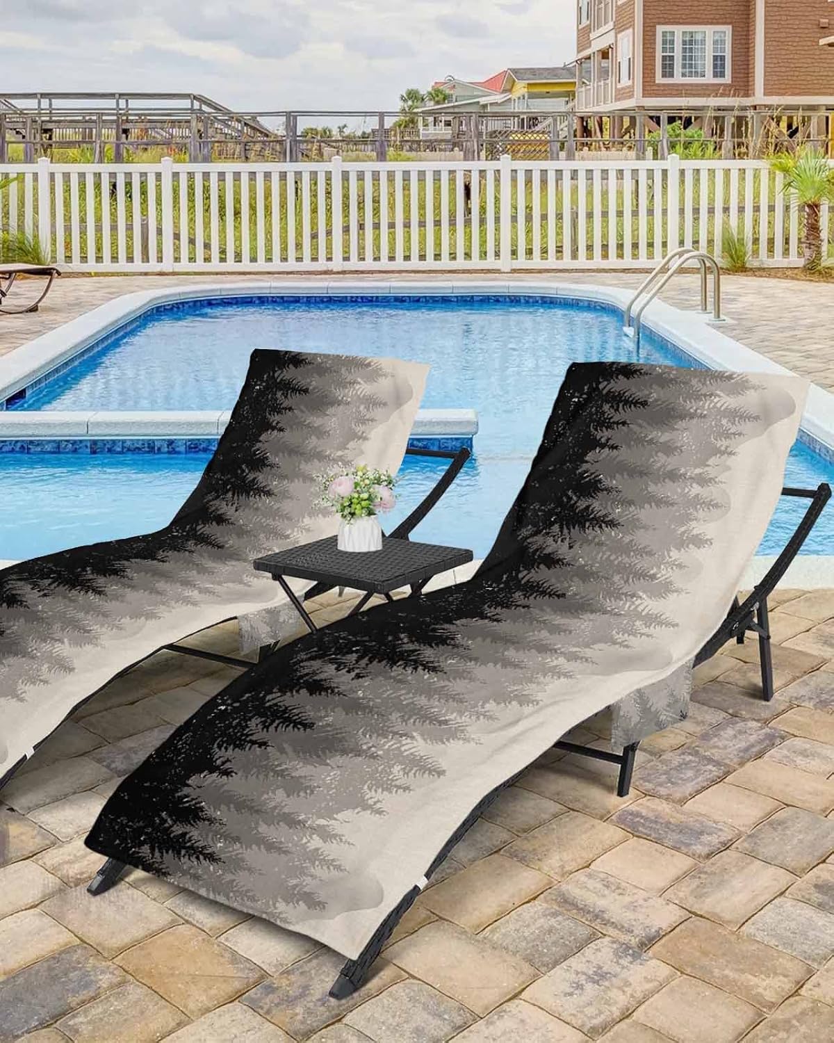 Grey Forest Tree Beach Pool Patio Lounge Chaise Chair Cover Towel With Pockets,Absorbent & Quick Dry Microfiber Towel Cover Bag Summer Sunbathing Accessories Retro Mountain Wood-land Misty Landscape