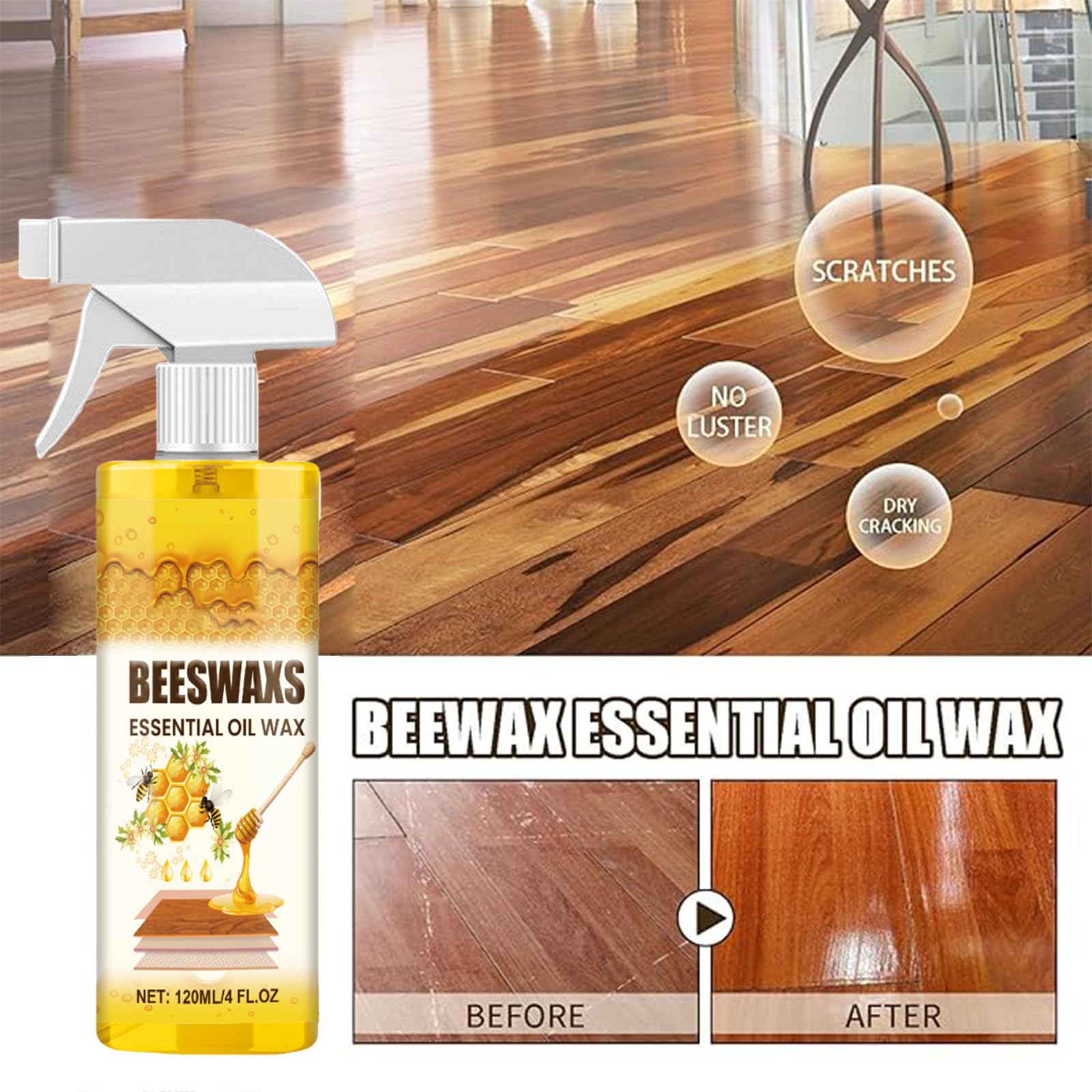 Beeswax Wood Polish Spray,Beeswax Essential Oil Wax,Scratcherase Beeswaxs Wood Floor Spray,Bees Wax Furniture Polish And Cleaner,For Floors And Furniture (1PC) — view 2