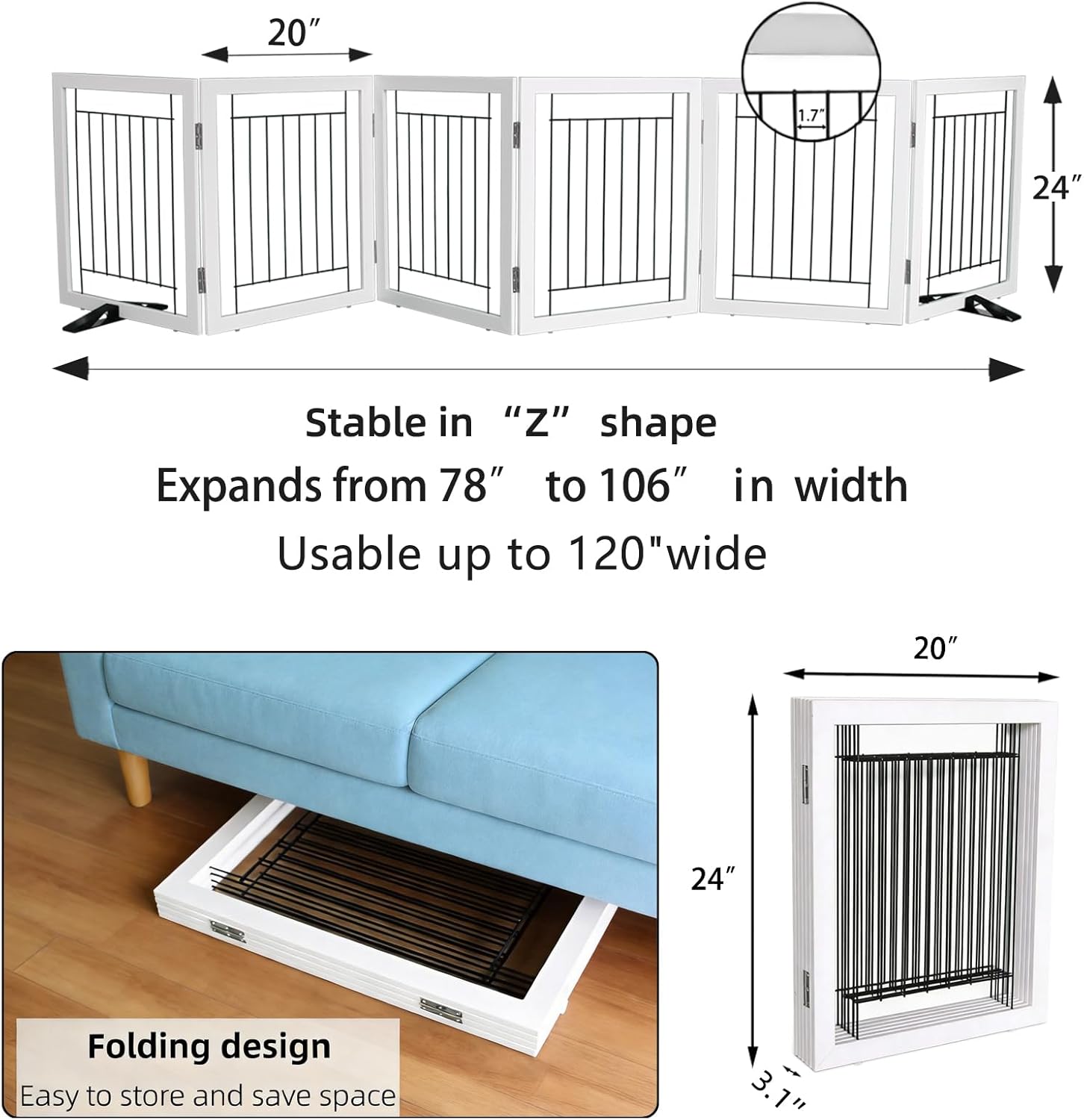ZJSF Freestanding Dog Gate Indoor, Foldable Dog Fence for Doorways,Hallways or Stairs, Sturdy Wood Extra Wide Pet Gate with Support Feet,White,24 "Height-6 Panels