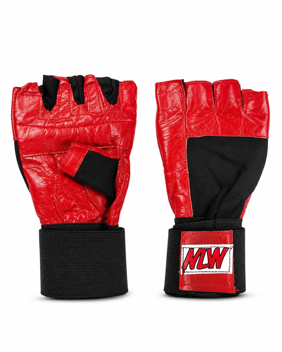 NLW Weightlifting Gloves with Wrist Wrap Support, Red & Black | Cushioned Palm Padding, Textured Grip Surface, Reinforced Thumb, Fingerless Design, Strength Training-image-2