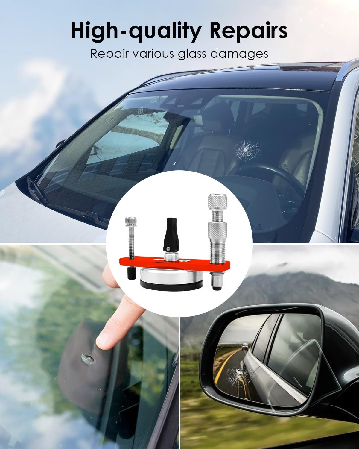 Steel Windshield Repair Kit Bridge Injector, Glass Repair Bridge Assembly Set, Professional Windshield Repair Tool for Car Glass and Gravel Star Cracks, Durable Windshield Chip Repair Kit, Red