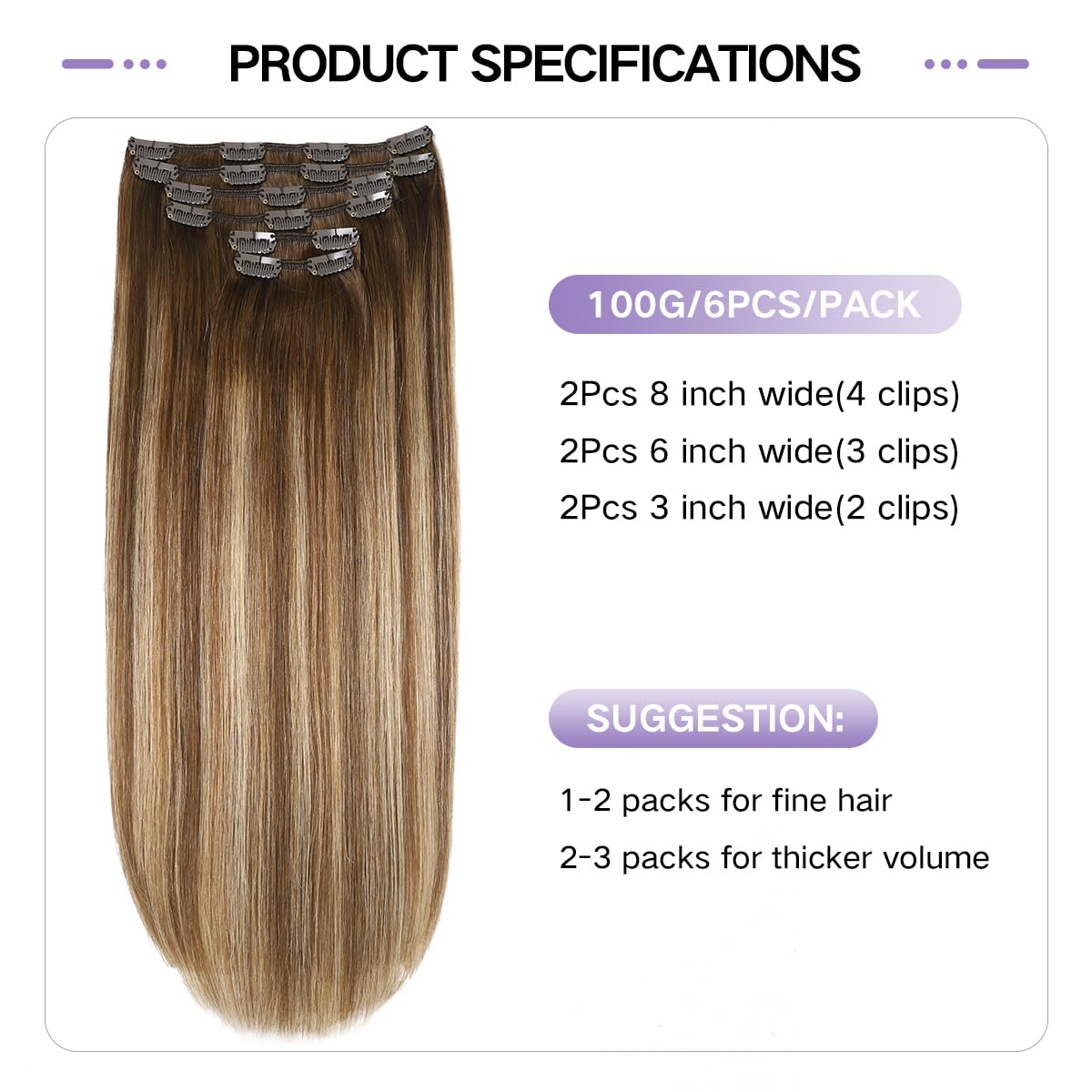 Sindra Clip in Human Hair Extensions Balayage Medium Brown to Caramel Blonde 14 Inch 100g 6pcs Invisible Human Hair Clip in Extensions Silky Straight #4/27/4 14" - Image 2