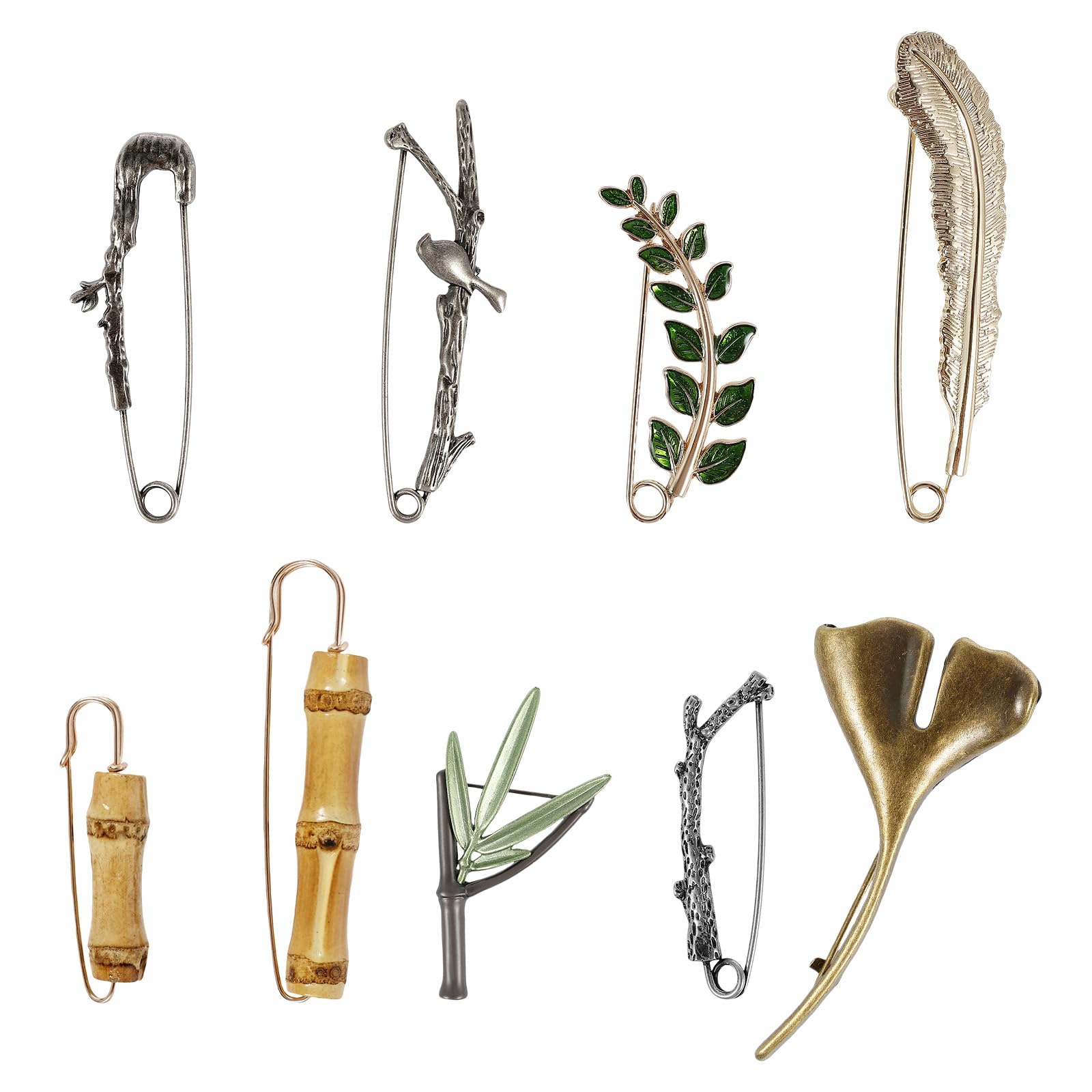 Sutowe 9Pcs Extra Large Safety Pins 9cm Vintage Alloy Brooches Pins Decorative Bamboo Leaf Sweater Shawl Clips Retro Chic Waist Tightener Safety Pins for Hat Scarf Clothes