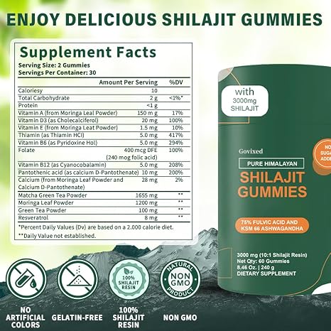 Shilajit Gummies Pure Shilajit Himalaya für Energieschub und Immununterstützung mit Ashwagandha Gokshura Fulvosäure und über 85 Spurenmineralien ohne Zuckerzusatz gentechnikfrei 60 Stück