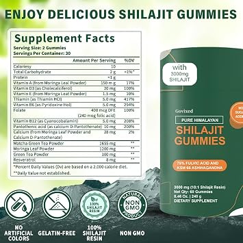 Shilajit Gummies Pure Shilajit Himalaya für Energieschub und Immununterstützung mit Ashwagandha Gokshura Fulvosäure und über 85 Spurenmineralien ohne Zuckerzusatz gentechnikfrei 60 Stück
