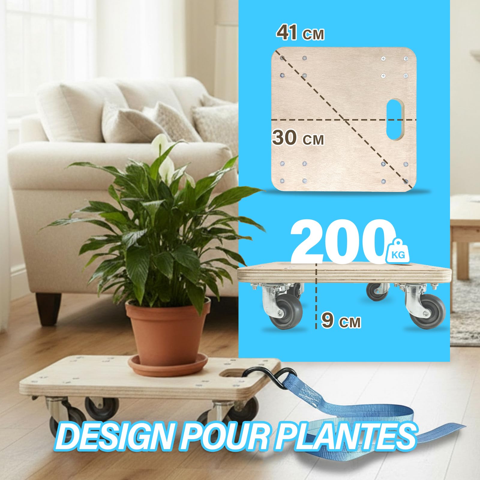 Planche à Roulette en Bois avec Corde et Crochets | Plateau 30×30 cm 1,8 cm d’Épaisseur | 200 kg Charge | roulettes Silencieuses 360° | Poignée Intégrée, Prête à l’Emploi
