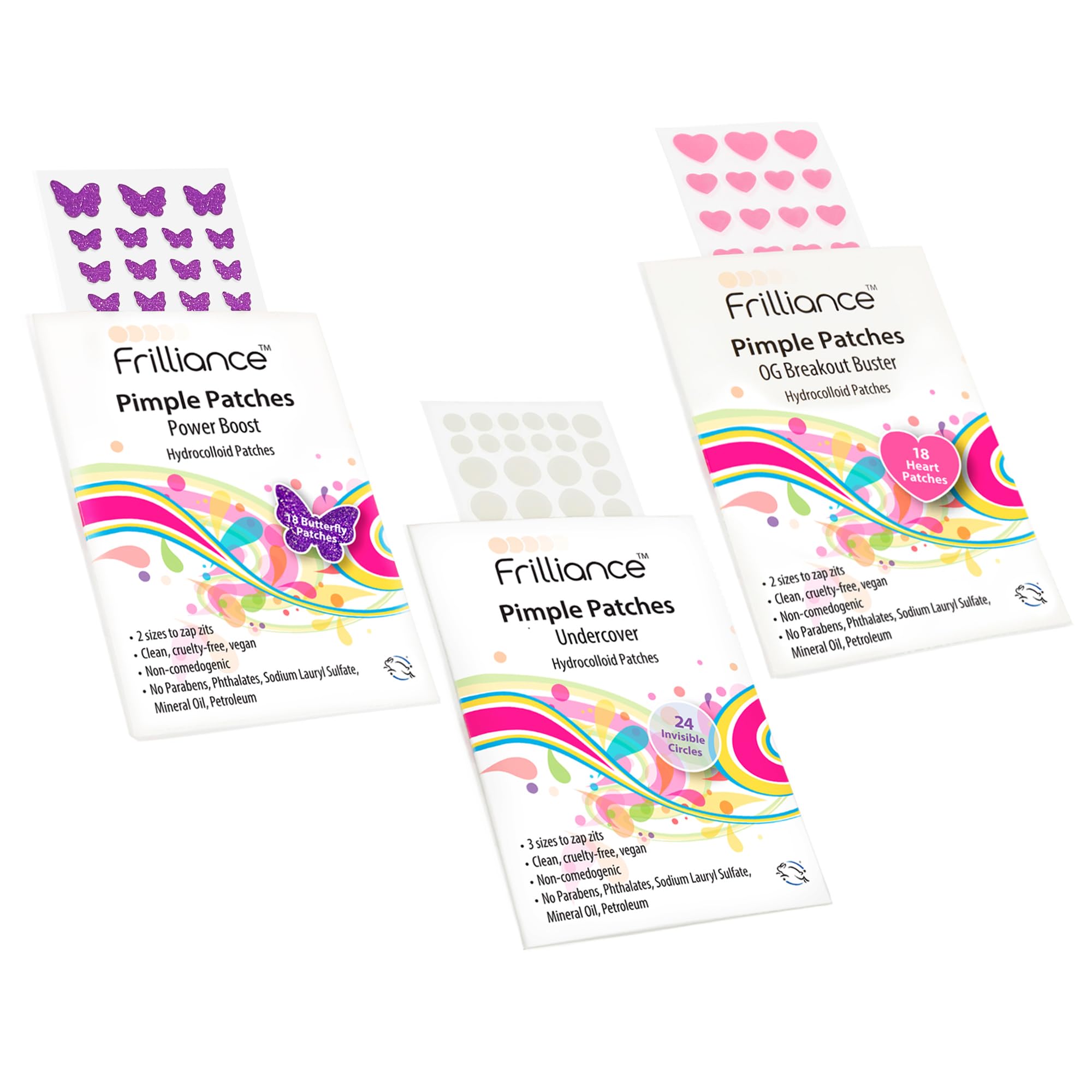Frilliance Hydrocolloid Acne Pimple Patches for Zits and Blemishes 3 Pack Bundle Pink Heart Purple Butterfly Clear Circle