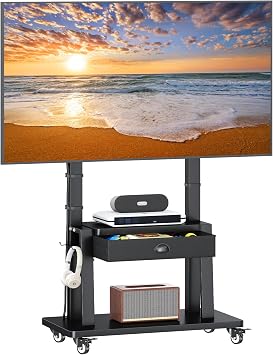 Mobile TV Stand on Wheels for 42-100inch LCD LED Flat/Curved Screen TVs,Rolling TV Cart with Drawer,2 Shelves Adjustable Height,Portable TV Stand Up to 330lbs for Indoor Outdoor Max VESA 600x900mm