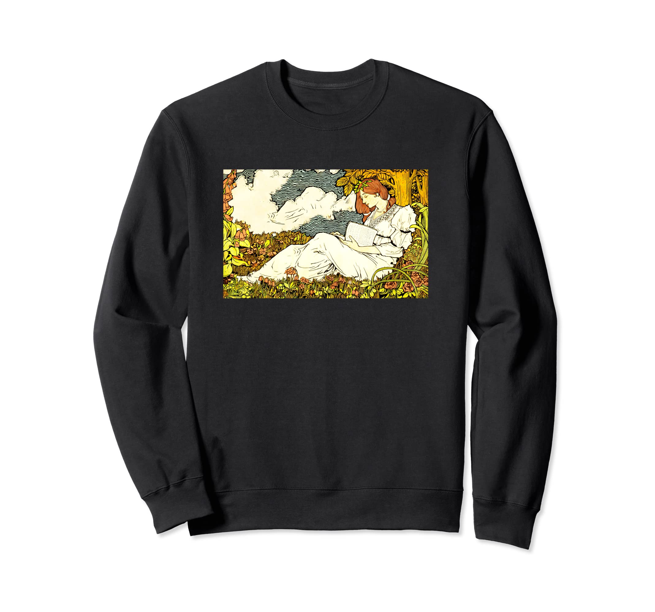 Woman Reading Fairycore Aesthetic Cottagecore Women Reader Sweatshirt, Black