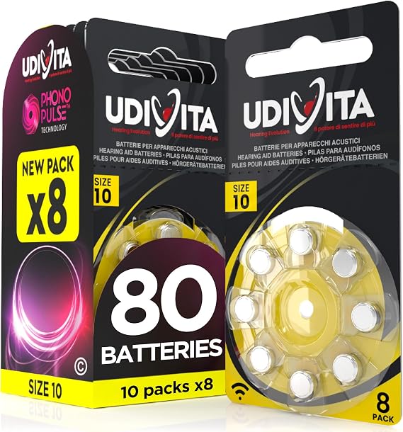 80 Hearing Aid Batteries Size 10 Udivita (Yellow) PR70 Zinc-Air with Phono Pulse Technology - 10 Blisters of 8 Batteries