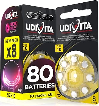 80 Hearing Aid Batteries Size 10 Udivita (Yellow) PR70 Zinc-Air with Phono Pulse Technology - 10 Blisters of 8 Batteries