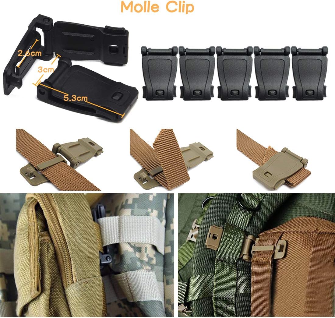 34 PCS Molle Attachments Set Tactical Gear Clip for Webbing Strap Molle Bag Tactical Backpack Vest Belt - Key Ring, D-Ring Locking Carabiner, Water Bottel Carriers Tube Clip, Web Dominator Buckle : Sports & Outdoors