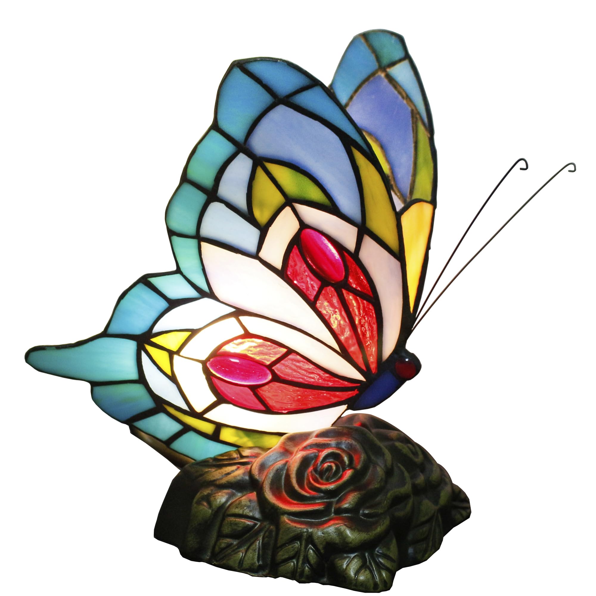 ZJART Small Tiffany Table lamp Stained Glass 7X5X9.8 Blue Red Butterfly