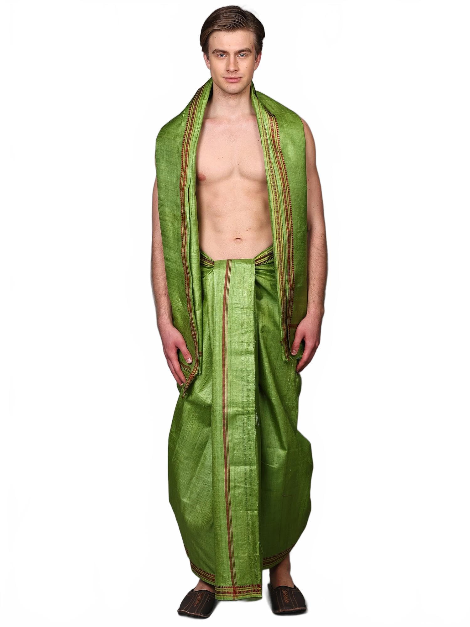Pure Tussar Silk Dhoti with Angavastram Set and Thread Woven Temple Rudraksha Border from Odisha | Men's Dhoti Angvastram Festive Wedding Wear-image-6