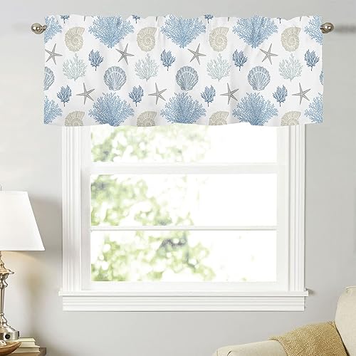 Miniatura 2 de Cenefas de Cortinas de Cocina de Verano Costeras de Coral con Estrellas de Mar para Ventanas, Cenefa de Ventana Náutica de Playa Azul Gris, Cortina