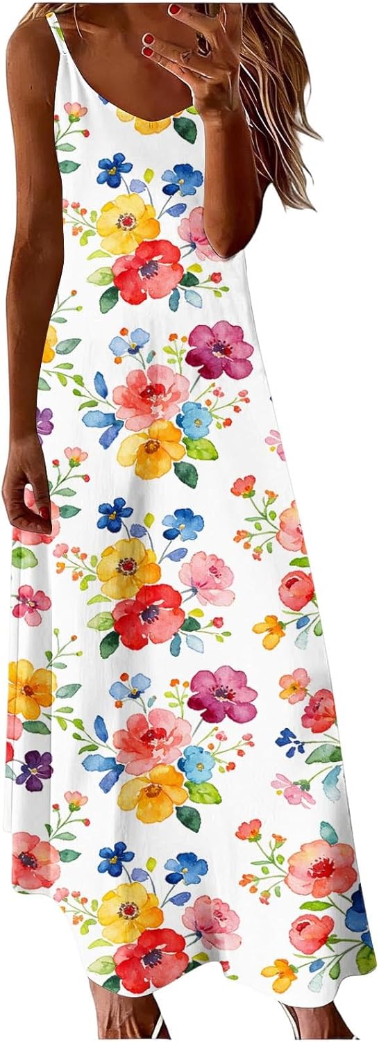 Women’s Spaghetti Strap Summer Lounge Maxi Dress, Loose V Neck Sleeveless Boho Floral Beach Vacation Dresses