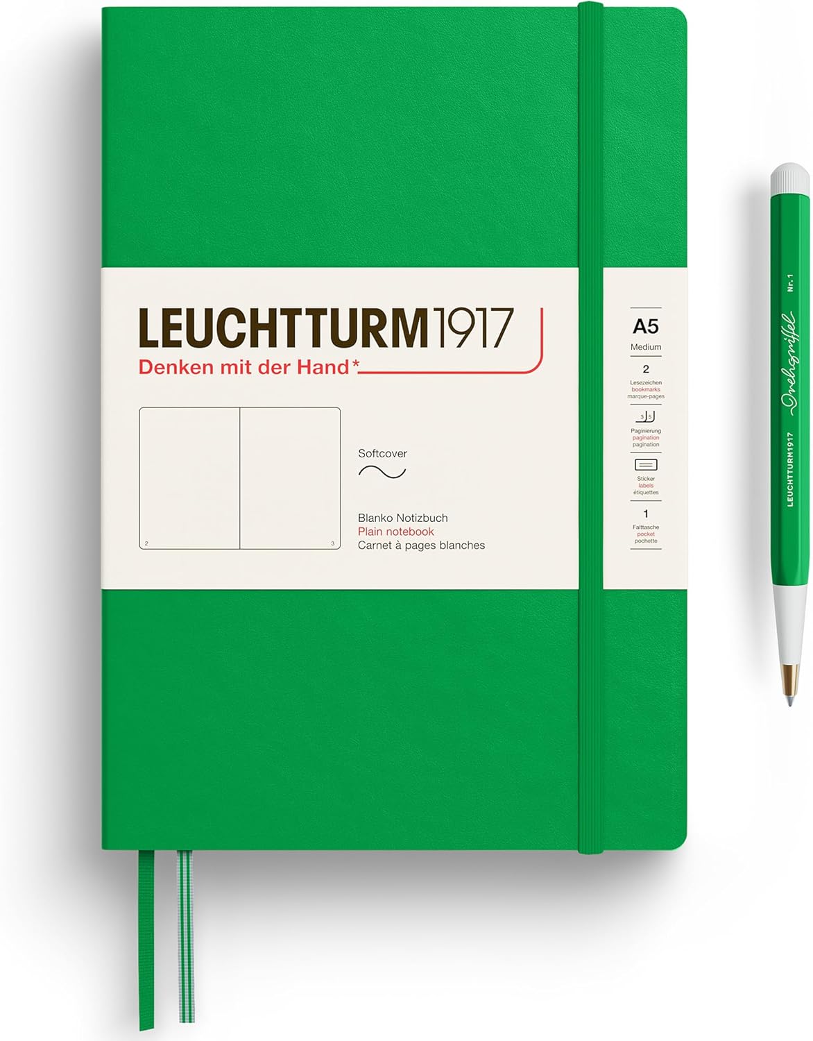 LEUCHTTURM1917 - Notebook Softcover Medium A5-123 Numbered Pages for Writing and Journaling - Thinking Ahead (Plain Paper, Spring Leaf)