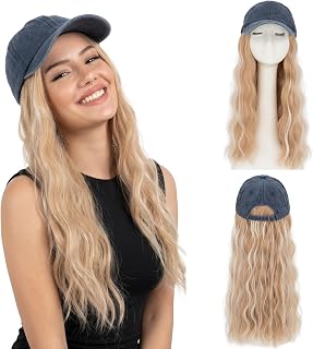 Hat Wig, Baseball Cap with Hair Attached for Women, 18" Navy Hat Wig with Heat Resistant Synthetic Hair Extensions, for Daily Wear, Busy Mornings- Wavy, Ash Blonde Mix Bleach Blonde
