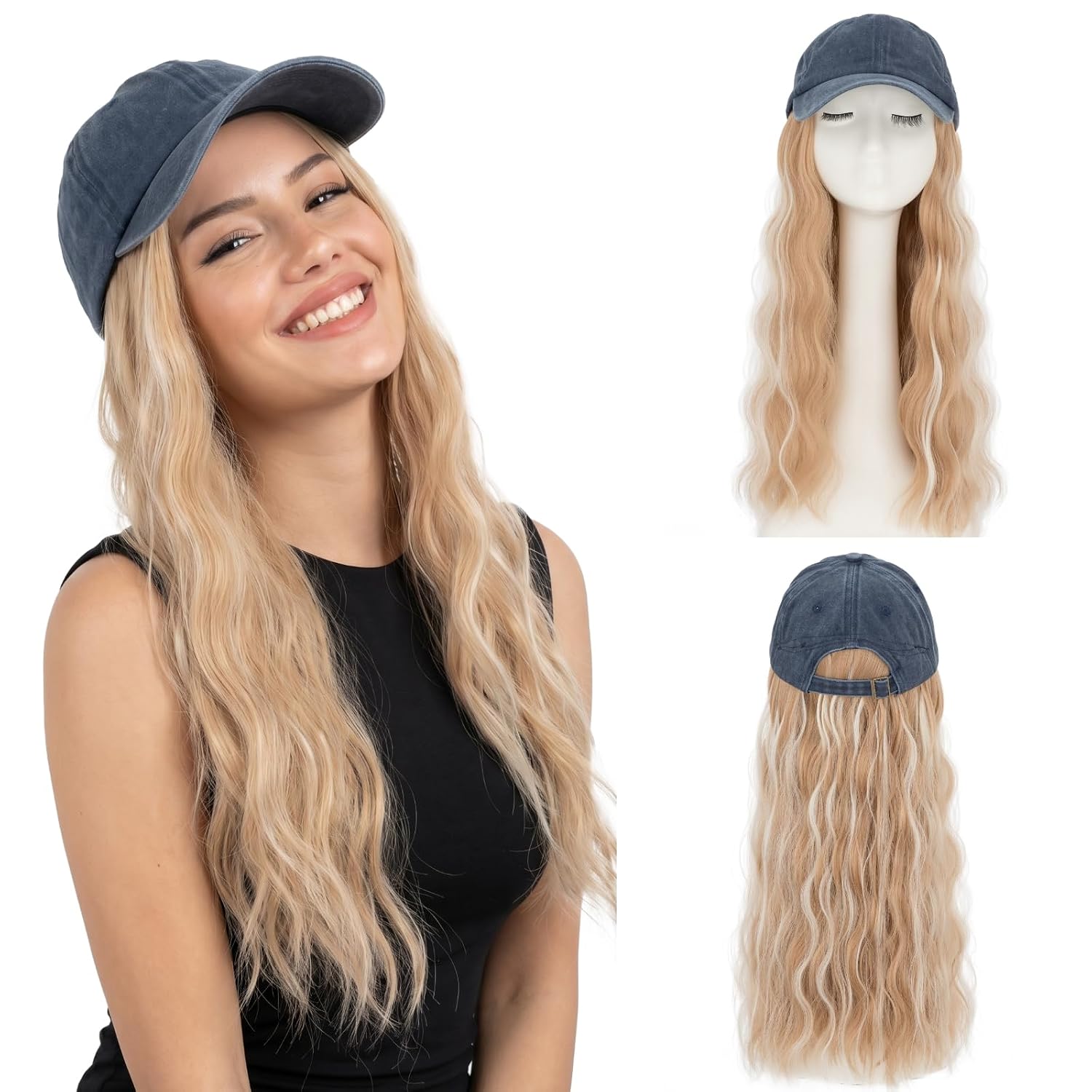 Hat Wig, Baseball Cap with Hair Attached for Women, 18" Navy Hat Wig with Heat Resistant Synthetic Hair Extensions, for Daily Wear, Busy Mornings- Wavy, Ash Blonde Mix Bleach Blonde