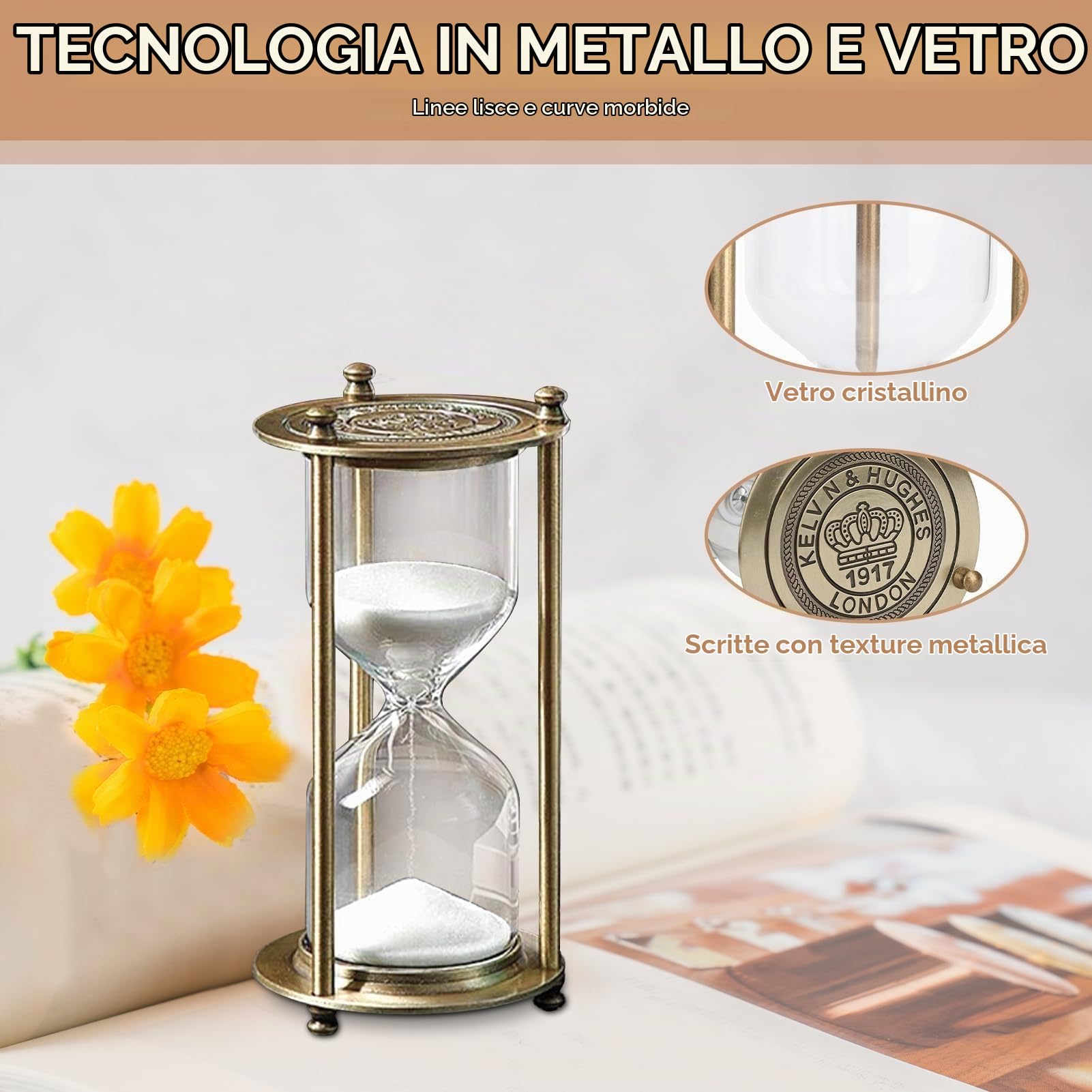 Clessidra 15 Minuti, Timer a Clessidra Riempibile Con Cornice in Ottone, Sabbia Timer Orologio Ornamento per La Casa, Conto Alla Rovescia Clessidra Design Timer Da Cucina per Scrivania, Ufficio(M)