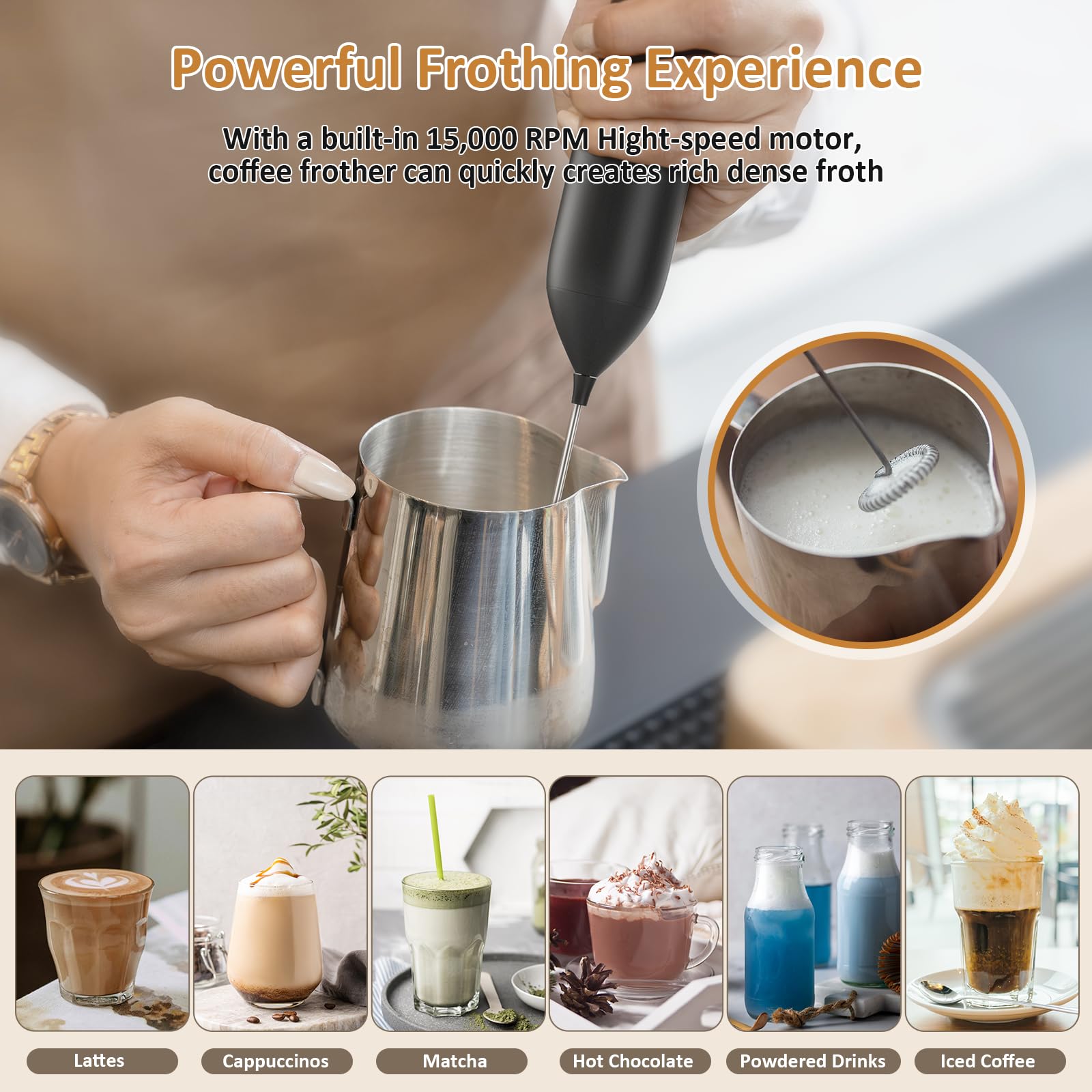 Espumador de leche recargable de mano USB tipo C, potente máquina de espuma eléctrica con soporte, mini mezclador de bebidas para café con leche, capuchino, moca, macchiato, frappe y proteína en polvo 4