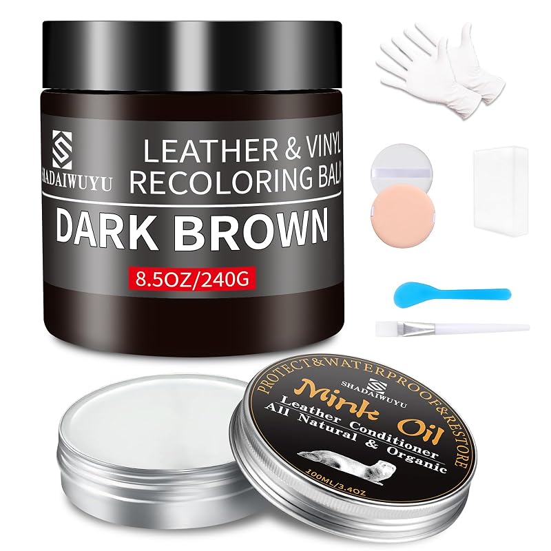 SHADAIWUYU Kit de Reparo para Couro com Bálsamo Recolorante Marrom-Escuro de 241 g e Óleo de Vison de 100 mL