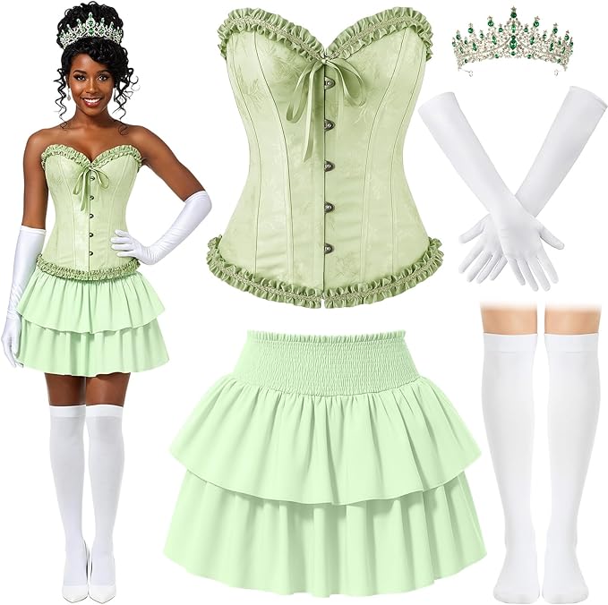 Amazon.com: JaGely Disfraz de princesa de 5 piezas para mujer, vestido de fiesta de Halloween para adultos, corsé, parte superior con corona, guante, falda, calcetín de princesa, juego de rol (verde, M) : Ropa, Zapatos y Joyería