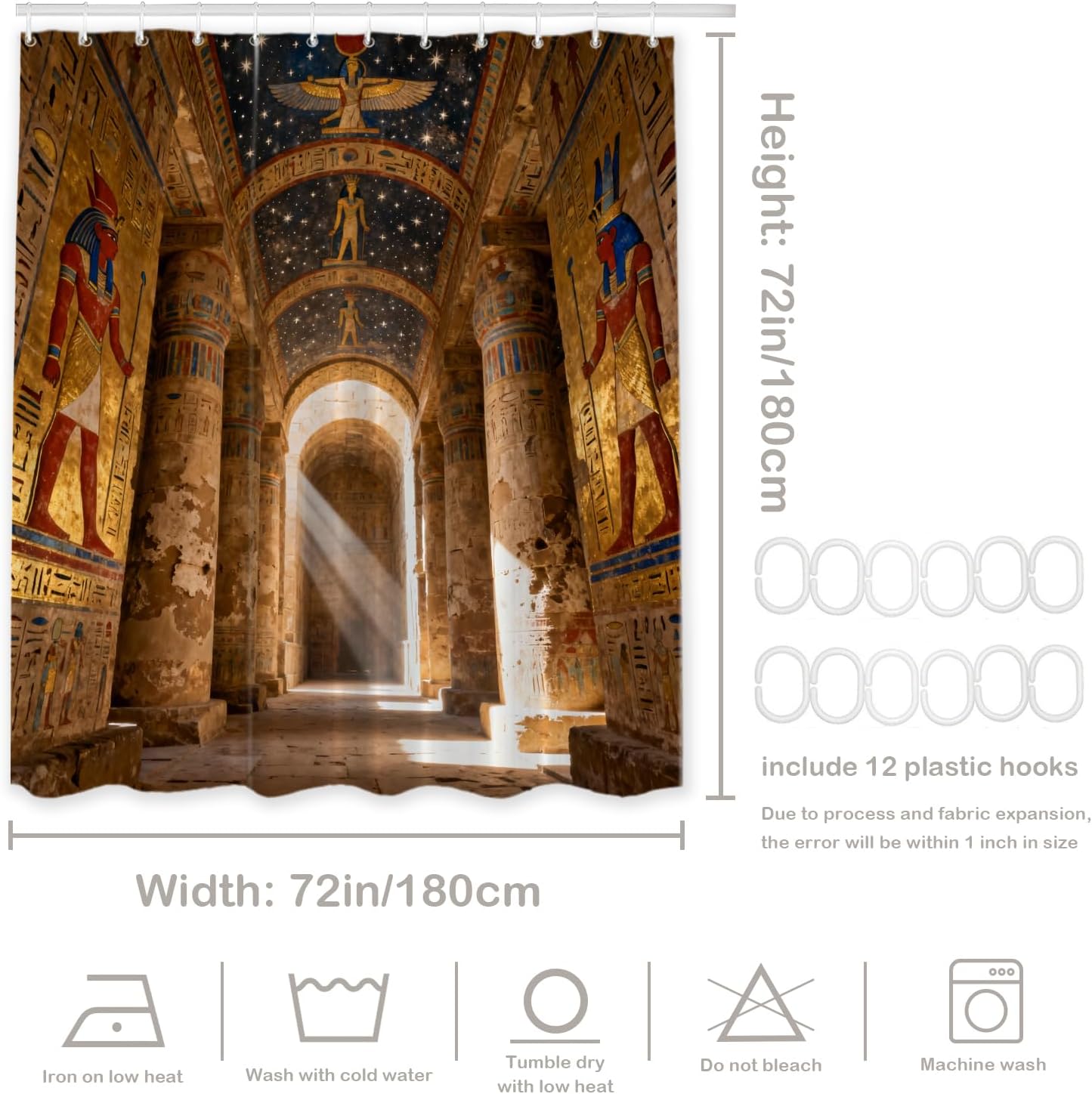 Batmerry Beige Ancient Egyptian Decor Shower Curtain, Bathroom Decor Polyester Fiber Plastic Rings Quick-Drying Waterproof for Bathtubs/Bathroom, 72x72 inches