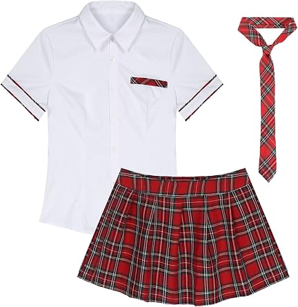 Hansber Womens Halloween School Girls Uniforms Japanese Anime Cosplay Costume T-Shirt with Plaid Skirt and Tie Set