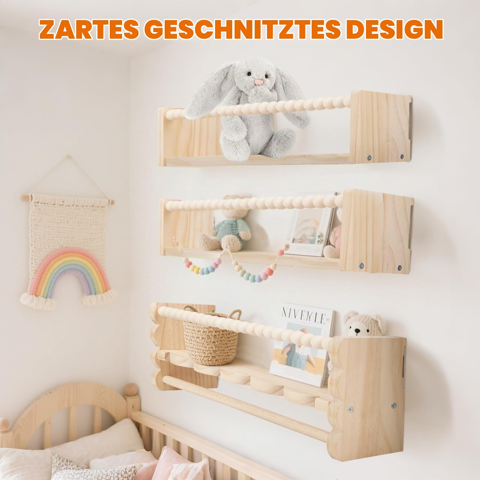 Wandregal Kinderzimmer Holz, 3er Set 40cm Bücherregal Kinder Wand mit Foto-Hängedisplay, Regal Kinderzimmer, Holz Wandregal Bücher Schweberegale für Babyzimmer Wohnzimmer Kinder Bad (Wolkenform)