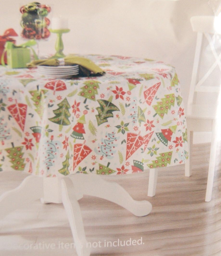Cute Holly Poinsettia and Christmas Trees Holiday Vinyl Tablecloth, 70 In. Round