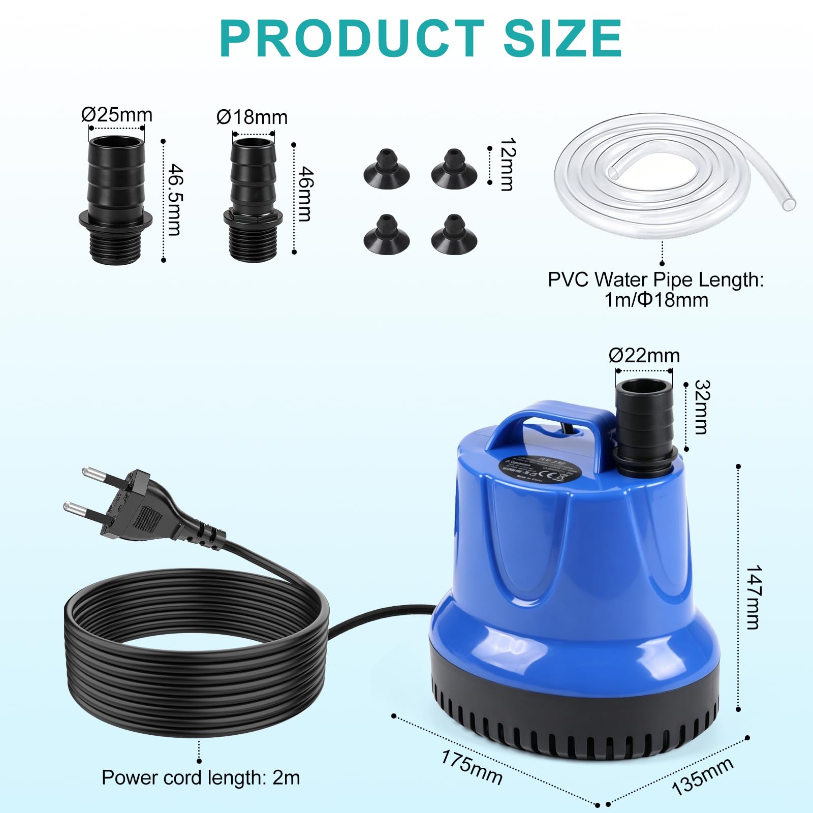 EXLECO Pompa Acquario 85W 4000L/H, Pompa Sommersa Acque Sporche, per Laghetto Piccolo Aspira Acqua, Accessori per Mini Acquario, Blu
