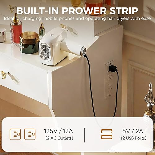 Miniatura 7 de COMHOMA Makeup Vanity Desk with Mirror and Lights, Vanity Table and Chair Set with 5 Drawers and Charging Station, Bedroom Dresser LED Mirror Color