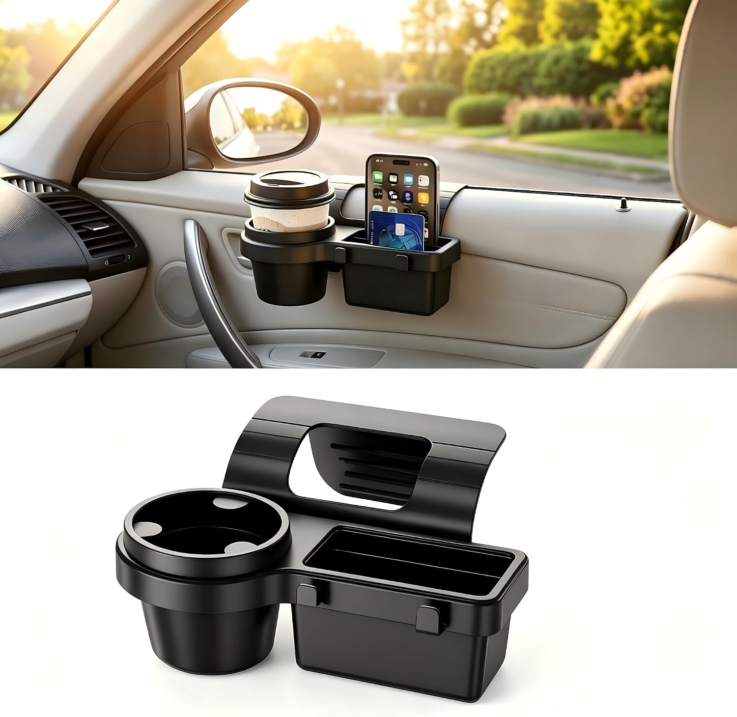 Car Window Storage Organizer, Multifunctional Cup Holder & Phone Mount, ABS Anti-shake Door Side Hanging Storage Box with Hooks, Insert Interior Organizer for Most Cars SUVs Trucks (Black)