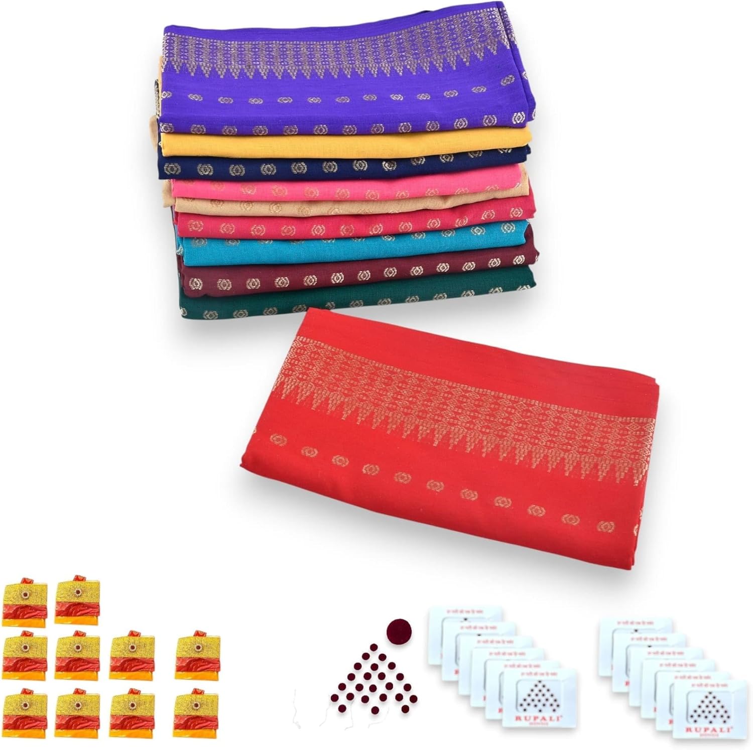 LOVENSPIRE Unstitched Blouse Pieces Cotton Mix 10 PC Blouse Piece Bindi Haldi Kumkum Pack for Women Housewarming Return Gift