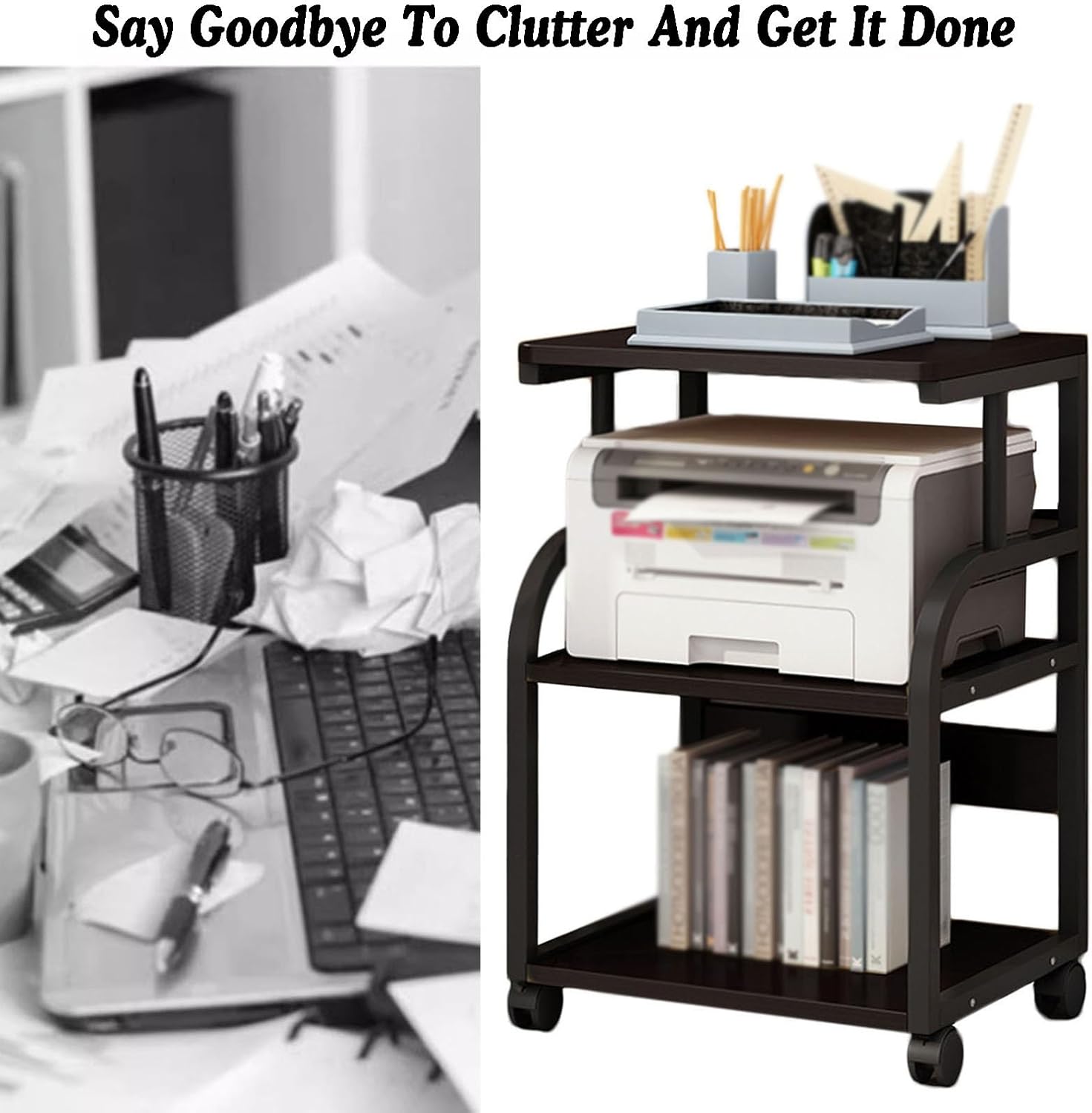 3 Tier AV Media Stand,CD Player Stand, Metal Media Cart, Open Storage Audio Rack for Living Room, Office, Classrooms, Recording Studio(Black+Wood Color)